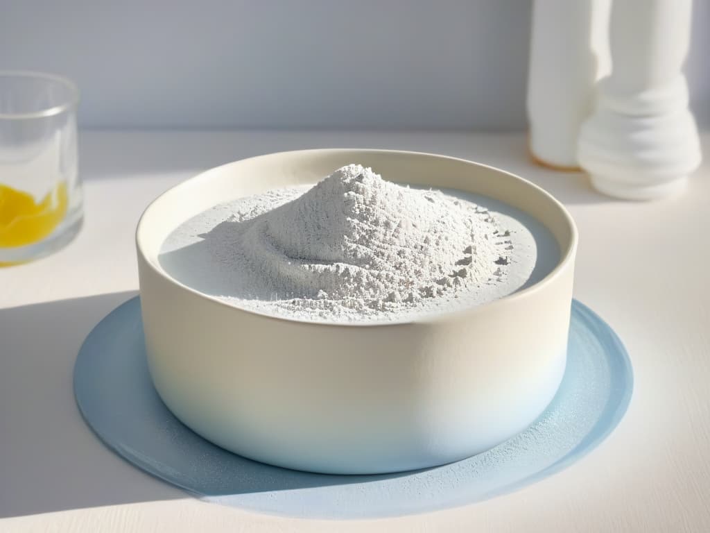  An ultradetailed closeup image of a pristine white ceramic bowl filled with organic, aluminumfree baking powder. The fine powder is perfectly level, with a soft natural light casting a gentle shadow underneath the bowl. The texture of the powder is incredibly detailed, showcasing its pure and highquality nature. hyperrealistic, full body, detailed clothing, highly detailed, cinematic lighting, stunningly beautiful, intricate, sharp focus, f/1. 8, 85mm, (centered image composition), (professionally color graded), ((bright soft diffused light)), volumetric fog, trending on instagram, trending on tumblr, HDR 4K, 8K