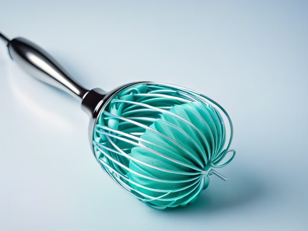  A highresolution closeup image of an elegantly designed stainless steel whisk, showcasing intricate details of the handle and wires, set against a clean white background to emphasize its sleek and modern aesthetic. hyperrealistic, full body, detailed clothing, highly detailed, cinematic lighting, stunningly beautiful, intricate, sharp focus, f/1. 8, 85mm, (centered image composition), (professionally color graded), ((bright soft diffused light)), volumetric fog, trending on instagram, trending on tumblr, HDR 4K, 8K