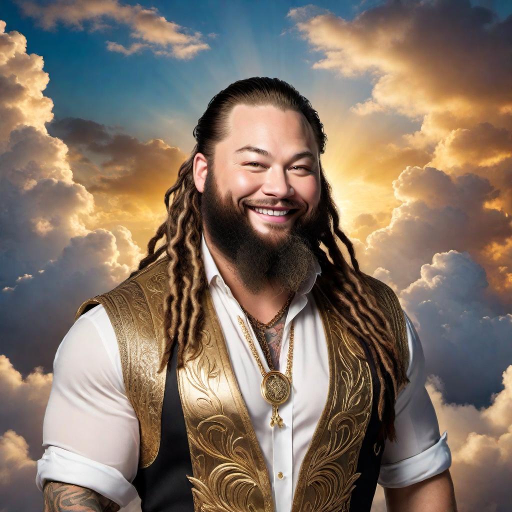  Bray Wyatt in heaven, with a smile on his face. The scene includes heavenly clouds, a golden light, and perhaps an ethereal atmosphere to capture the essence of peace and serenity. Bray Wyatt is wearing his signature outfit but looking joyful and content, surrounded by a soft glow. hyperrealistic, full body, detailed clothing, highly detailed, cinematic lighting, stunningly beautiful, intricate, sharp focus, f/1. 8, 85mm, (centered image composition), (professionally color graded), ((bright soft diffused light)), volumetric fog, trending on instagram, trending on tumblr, HDR 4K, 8K