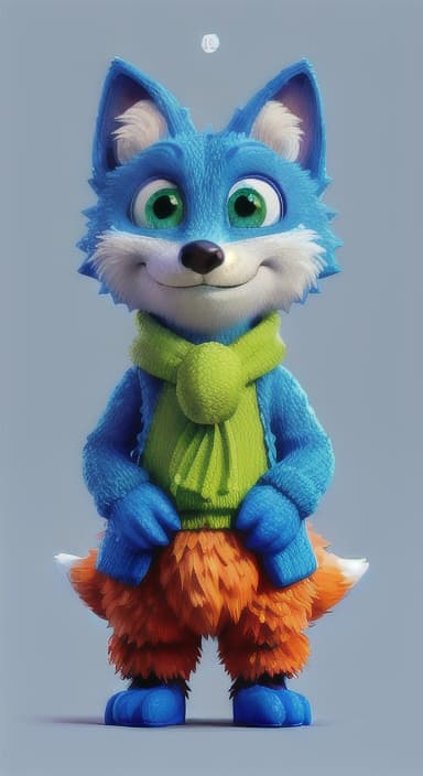  {Error the fox pressing the blue button with his paw, looking puzzled as nothing occurs., Error is a small, bright orange fox with a fluffy tail and big, inquisitive eyes. He has a mischievous yet kind expression and wears a tiny green scarf.