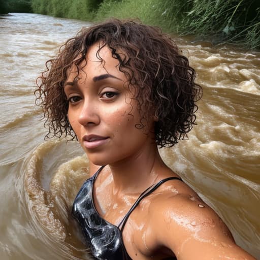  tanned woman's head with short and curly hair drowning in the river