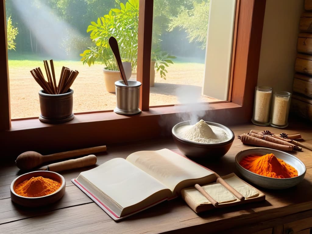  A photorealistic image of a rustic kitchen with a vintage wooden table filled with baking ingredients like flour, carrots, cinnamon sticks, and a recipe book open to a page titled "Historia del Pastel de Zanahoria". Sunlight streaming through a window illuminates the scene, casting soft shadows and creating a warm, inviting atmosphere. A mixing bowl, whisk, and freshly baked carrot cake can be seen in the background, hinting at the delicious outcome of following the recipe. hyperrealistic, full body, detailed clothing, highly detailed, cinematic lighting, stunningly beautiful, intricate, sharp focus, f/1. 8, 85mm, (centered image composition), (professionally color graded), ((bright soft diffused light)), volumetric fog, trending on instagram, trending on tumblr, HDR 4K, 8K