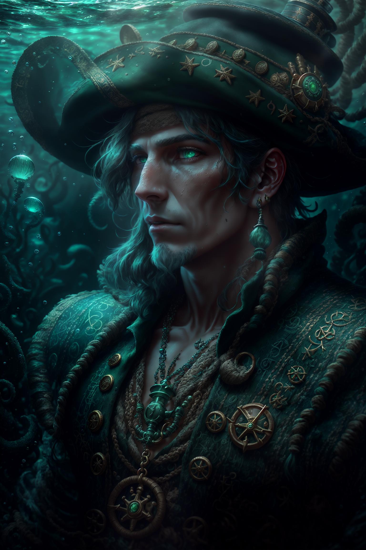  Davy Jones, (sailor characteristics:1.2), (wearing tattered and wet sailor's attire), (possibly wearing a captain's hat or a pirate hat), (marine life traits:1.0), (skin with scales or shells), (parts of the body like arms and face replaced by octopus tentacles), (adding to his mysterious and terrifying image), (glowing green eyes:1.0), (eyes are green and luminous in the dark), (emphasizing his supernatural powers), (anchor chain accessories:1.0), (adorned with rusty anchor chains), (other nautical items), (underwater environment:1.2), (main scene is a deep, dim, and cold seabed), (including various strangely shaped coral reefs), (enormous seagrass forests), (treasure chest element:1.0), (adding an ancient chest covered in algae and barnac hyperrealistic, full body, detailed clothing, highly detailed, cinematic lighting, stunningly beautiful, intricate, sharp focus, f/1. 8, 85mm, (centered image composition), (professionally color graded), ((bright soft diffused light)), volumetric fog, trending on instagram, trending on tumblr, HDR 4K, 8K