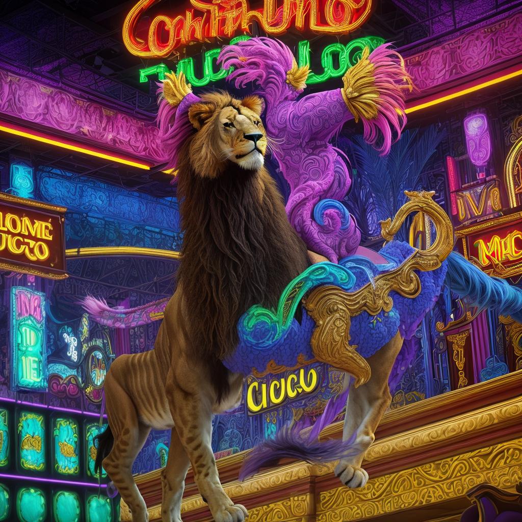  masterpiece, best quality, A vibrant and lively scene unfolds in this chicano-style photograph. A majestic lion, with its mane flowing gracefully, stands tall in the center of a bustling casino. The environment is filled with neon lights, vibrant colors, and intricate patterns. The mood is electric, with a sense of excitement and anticipation in the air. The style of the image resembles a vibrant mural, with bold lines and rich colors. The lighting is dramatic and dynamic, with spotlights illuminating the lion and casting dramatic shadows on the surrounding area. The realization of this photograph is achieved through a high-resolution camera, capturing the intricate details of the lion's fur and the vibrant colors of the casino environment.