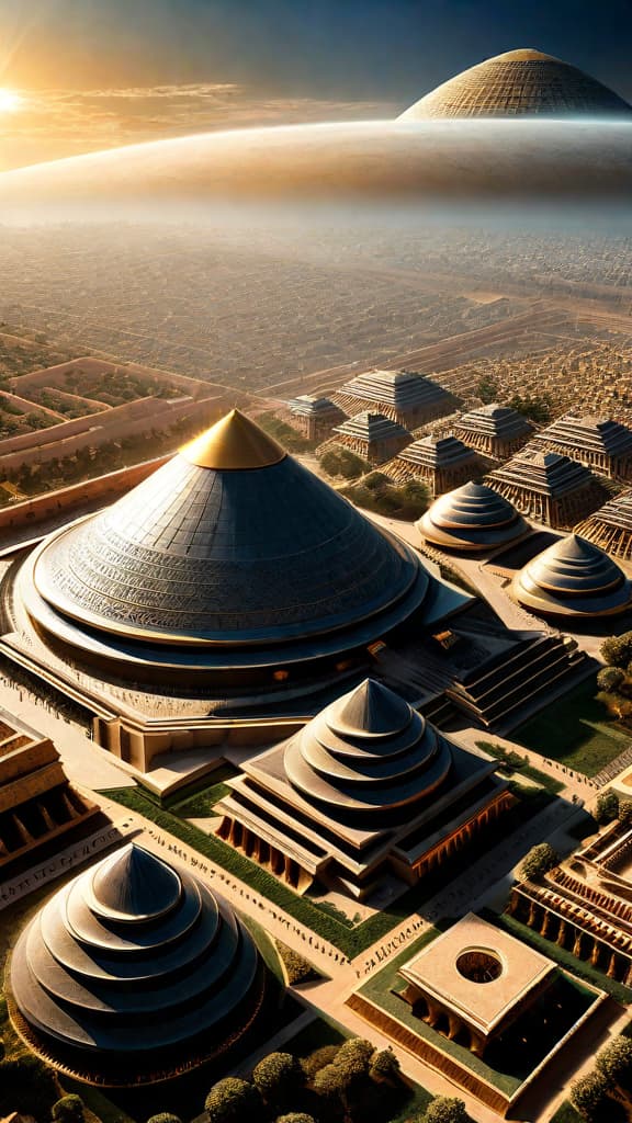  (An image depicting a magnificent and highly advanced ancient civilization, with grand architectural structures powered by atmospheric energy and harnessing the power of frequencies. The setting is a sprawling metropolis, with towering pyramids, ornate domes, and intricate spires adorning the skyline. The buildings exhibit a unique and innovative design, showcasing the Tartarian Empire's mastery of technology and engineering. In the background, the sky is filled with a subtle glow, suggesting the presence of the atmospheric energy that powers the city. The scene conveys a sense of wonder and mystery, hinting at the Tartarians' suppressed history and the threat their discoveries posed to the powerful oil industry.) hyperrealistic, full body, detailed clothing, highly detailed, cinematic lighting, stunningly beautiful, intricate, sharp focus, f/1. 8, 85mm, (centered image composition), (professionally color graded), ((bright soft diffused light)), volumetric fog, trending on instagram, trending on tumblr, HDR 4K, 8K