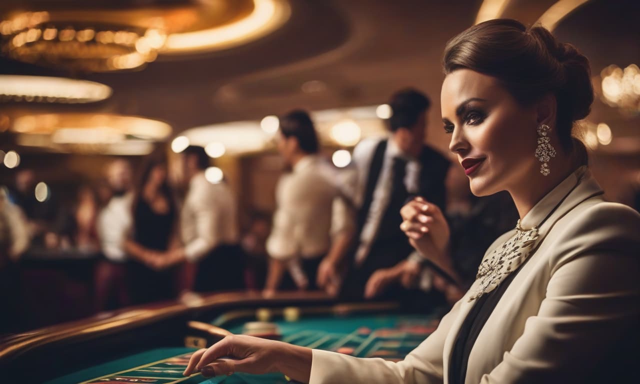  cinematic film still beautiful women croupier in a casino . shallow depth of field, vignette, highly detailed, high budget, bokeh, cinemascope, moody, epic, gorgeous, film grain, grainy hyperrealistic, full body, detailed clothing, highly detailed, cinematic lighting, stunningly beautiful, intricate, sharp focus, f/1. 8, 85mm, (centered image composition), (professionally color graded), ((bright soft diffused light)), volumetric fog, trending on instagram, trending on tumblr, HDR 4K, 8K