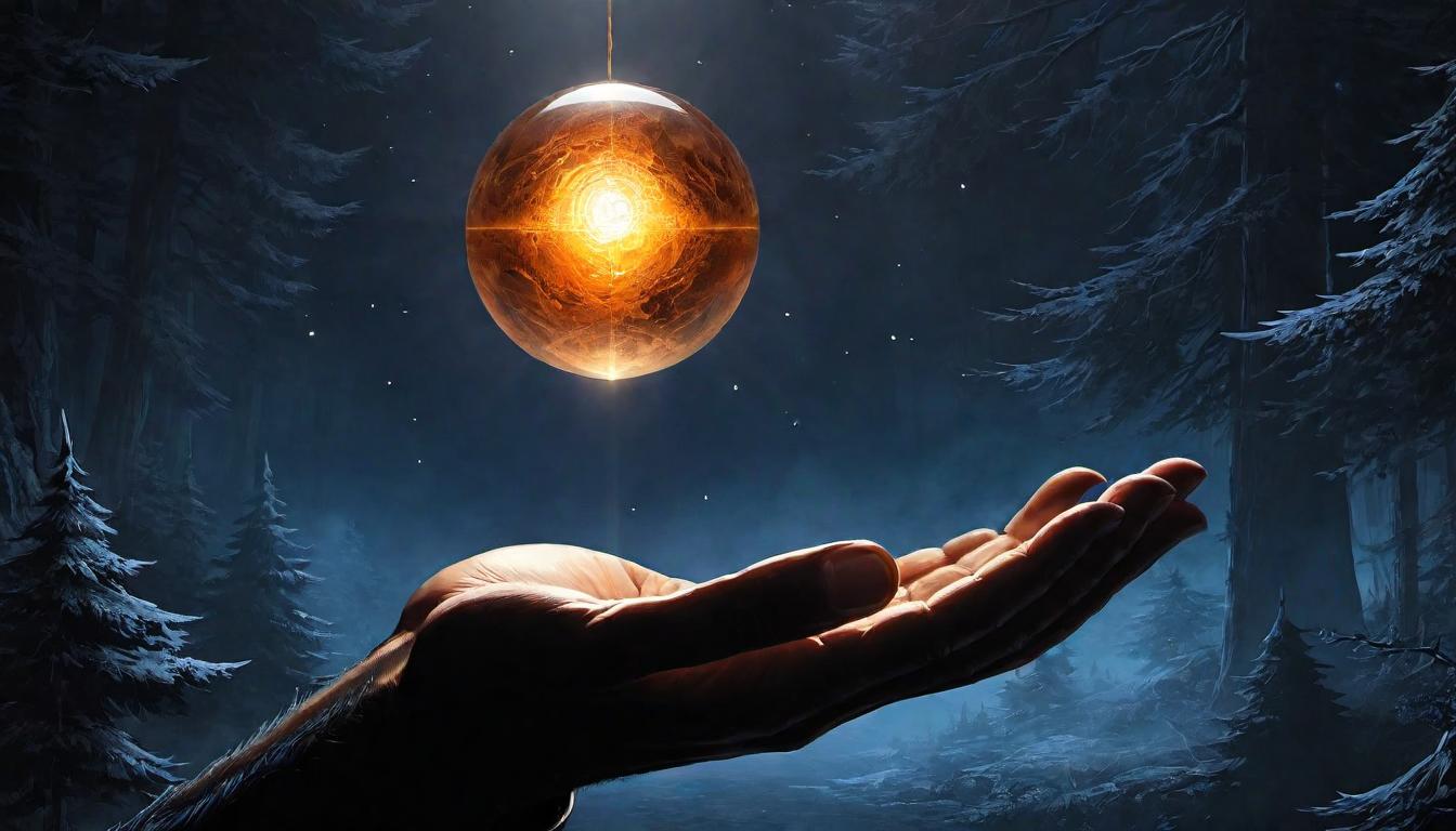  （surrealism)A hand holding a glowing orb tightly, light piercing through shadows to reveal hidden messages and symbols around, wisdom’s embodiment, illumination of truth, enlightening grip, symbols of knowledge, clarity in darkness, revealing hidden paths mystic, intricate details, best quality)