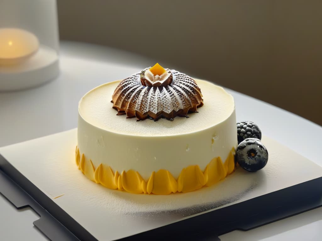  An ultradetailed 8k image of a sleek, white 3Dprinted dessert, showcasing intricate geometric patterns on its surface. The dessert sits elegantly on a minimalist, matte black plate, against a soft, diffused lighting that highlights every precise detail of the design. The overall aesthetic is modern, precise, and visually captivating, perfect for illustrating the fusion of innovation and minimalism in pastry design. hyperrealistic, full body, detailed clothing, highly detailed, cinematic lighting, stunningly beautiful, intricate, sharp focus, f/1. 8, 85mm, (centered image composition), (professionally color graded), ((bright soft diffused light)), volumetric fog, trending on instagram, trending on tumblr, HDR 4K, 8K