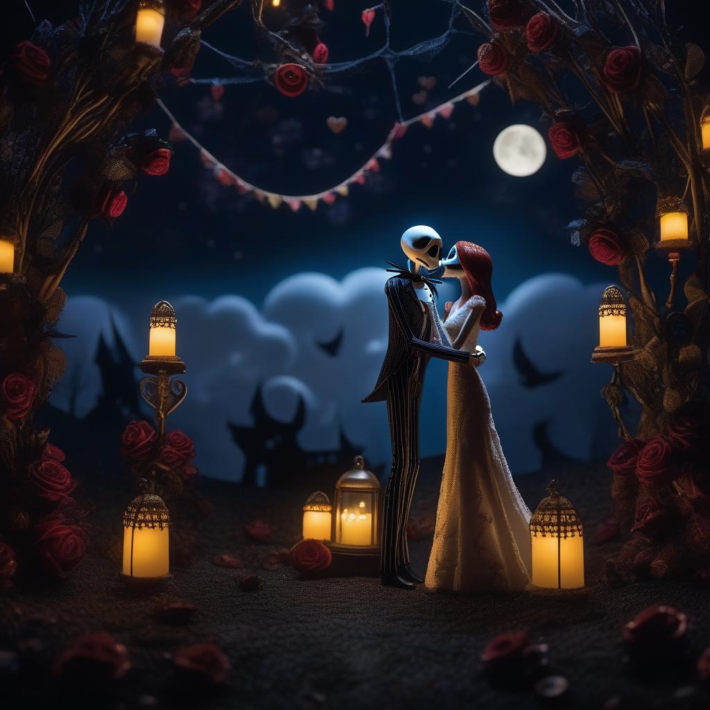  The Nightmare Before Wedding Day, Jack Skellington and Sally showing affection, a dark and spooky wedding, black roses, spiderweb hearts, night sky with moon in the background , style of Tim Burton, stop motion animation, depth of field, cinematic composition, ((masterpiece)), best quality, very detailed, high resolution, sharp, sharp image, extremely detailed, 4k, 8k