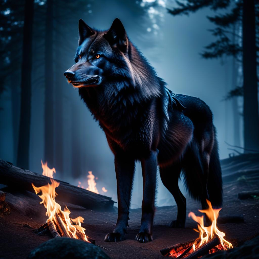  gothic style A black wolf with a wild gaze and a toothy smile, a dark background in the fire. . dark, mysterious, haunting, dramatic, ornate, detailed hyperrealistic, full body, detailed clothing, highly detailed, cinematic lighting, stunningly beautiful, intricate, sharp focus, f/1. 8, 85mm, (centered image composition), (professionally color graded), ((bright soft diffused light)), volumetric fog, trending on instagram, trending on tumblr, HDR 4K, 8K