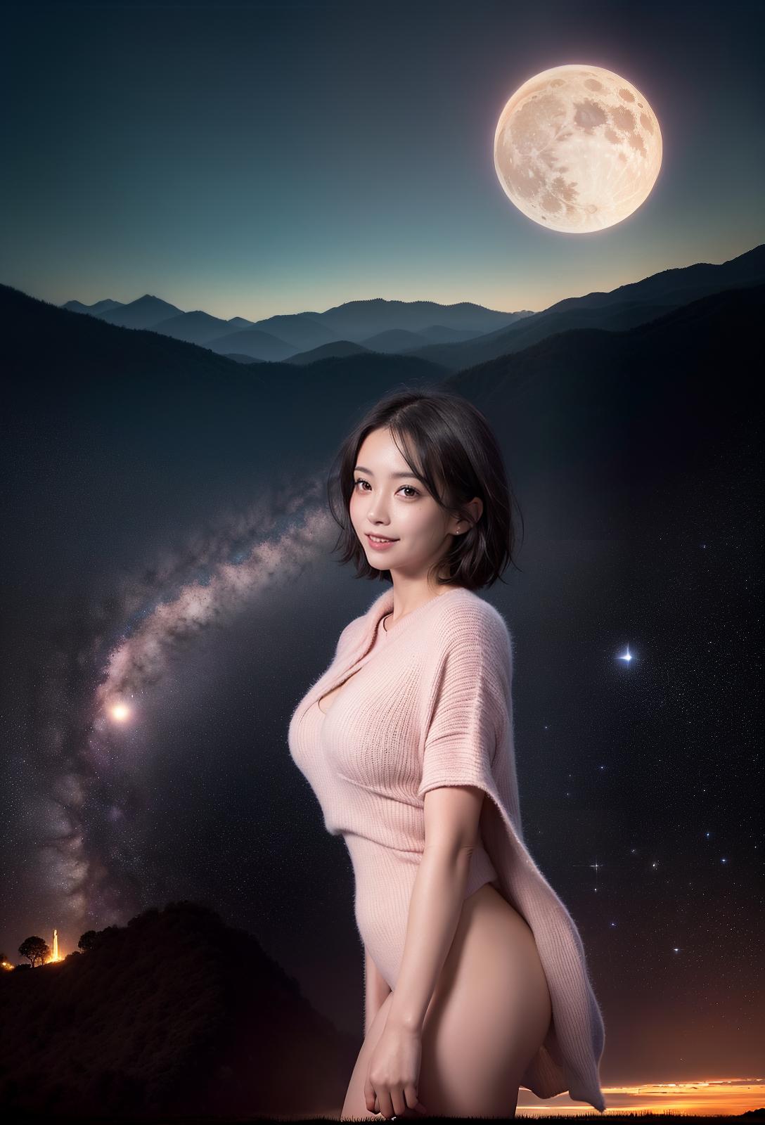  Highest quality, 4K, high resolution, realistic, night sky, moon, star, beautiful woman, a big smile, big eyes, narrow waist, outstanding style, narrow ankle, wide landscape photo, short hair, light pink color Hair, (seen from below, the sky is above, and the open field is below), (full moon: 1.2), (meteor: 0.9), (star cloud: 1.3), Distant mountains, trees destroy art, (warm light: 1.2), (firefly: 1.2), light, purple and orange, complex details, volumetric lighting breaks (masterpieces: 1.2), (maximum quality), 4K, super detail, (dynamic configuration: 1.4), rich colors, (rainbow color: 1.2), (shine, atmosphere lighting), dreamy, magic, (one person: 1.2), (Masterpiece, BestQuality:1.3), (ultra detailed:1.2), (hyperrealistic:1.3), (RAW phot