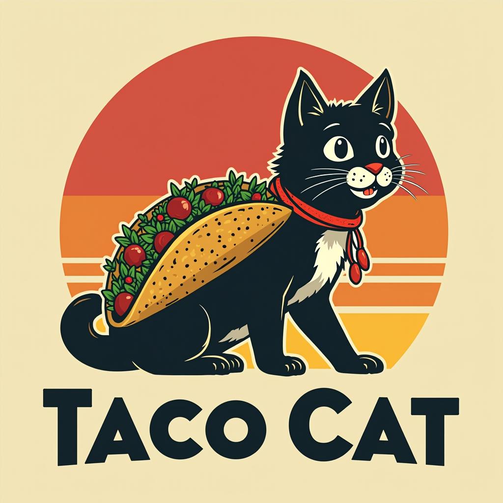  picture of a tacocat, vintage colors, minimalist, poster<lora:tshirtdesignredmondv2 tshirtdesign tshirtdesignaf:1>, tshirtdesignaf, text logo tacocat