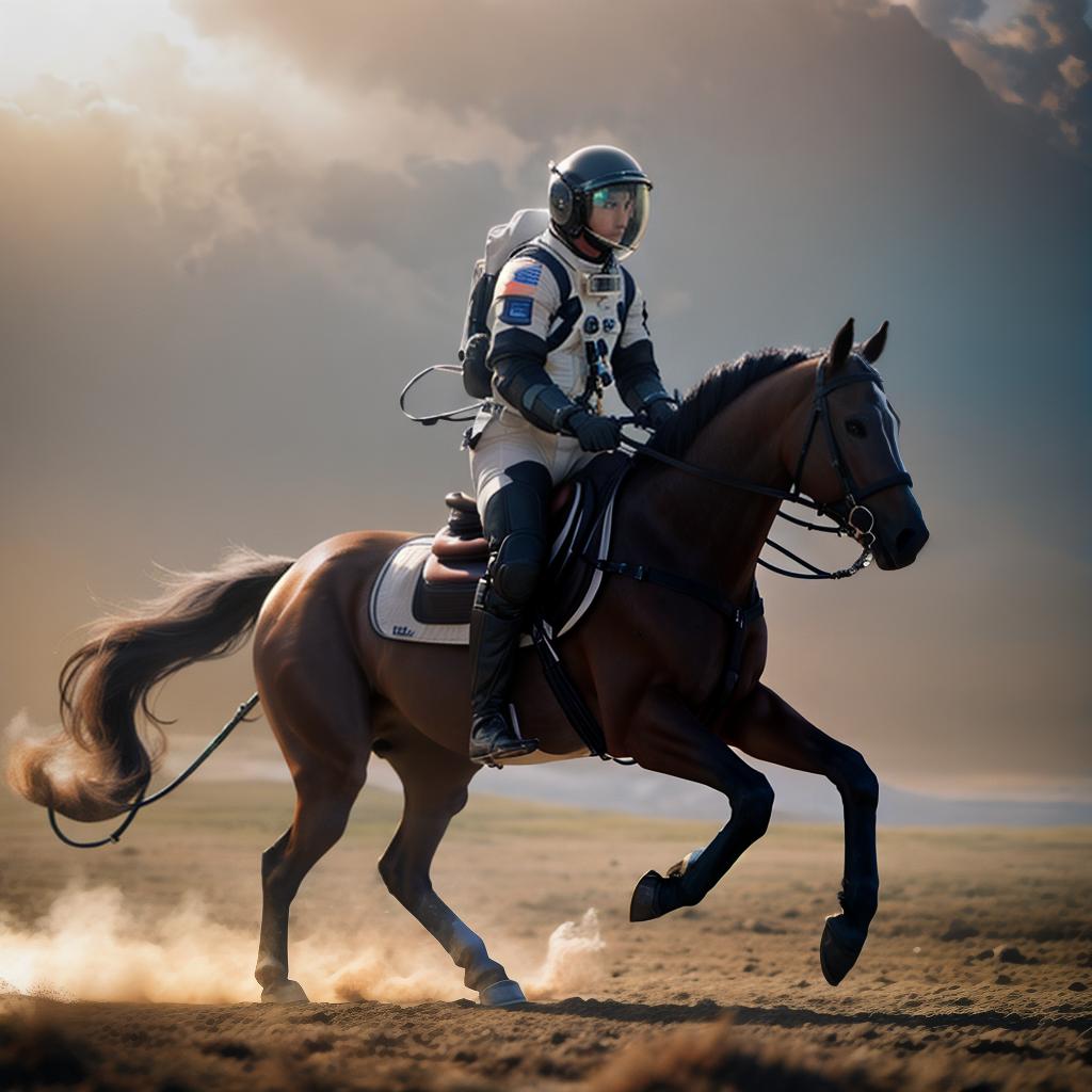  A photograph of an astronaut riding a horse hyperrealistic, full body, detailed clothing, highly detailed, cinematic lighting, stunningly beautiful, intricate, sharp focus, f/1. 8, 85mm, (centered image composition), (professionally color graded), ((bright soft diffused light)), volumetric fog, trending on instagram, trending on tumblr, HDR 4K, 8K