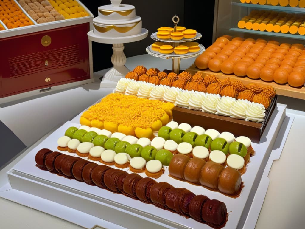  An ultradetailed 8k image of a beautifully arranged confectionery display featuring traditional Indian sweets like gulab jamun, jalebi, and barfi, alongside global desserts like macarons, tiramisu, and baklava. The contrast between the vibrant colors and intricate designs of the Indian sweets with the elegant simplicity of the global desserts symbolizes the fusion of flavors and ingredients in the world of pastry, capturing the essence of the article's exploration of the influence of Indian ingredients on global confectionery. hyperrealistic, full body, detailed clothing, highly detailed, cinematic lighting, stunningly beautiful, intricate, sharp focus, f/1. 8, 85mm, (centered image composition), (professionally color graded), ((bright soft diffused light)), volumetric fog, trending on instagram, trending on tumblr, HDR 4K, 8K