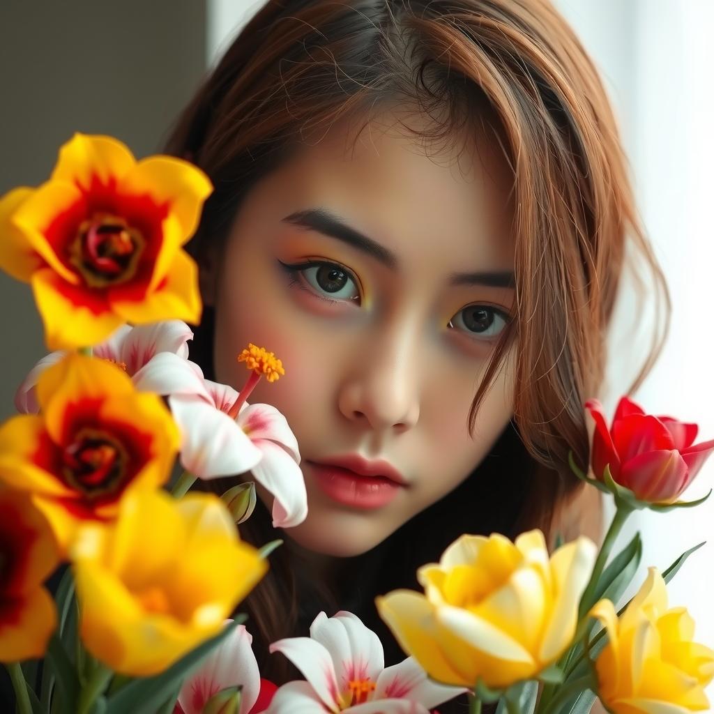  a realistic portrait of a young woman surrounded by a vibrant bouquet of flowers. the light is soft and natural, highlighting the delicate details of her face and the intricate textures of the blossoms. the composition is balanced, with a sense of intimacy and quiet beauty. high quality photorealistic details, soft focus, natural lighting, muted colors. hyperrealistic, full body, detailed clothing, highly detailed, cinematic lighting, stunningly beautiful, intricate, sharp focus, f/1. 8, 85mm, (centered image composition), (professionally color graded), ((bright soft diffused light)), volumetric fog, trending on instagram, trending on tumblr, HDR 4K, 8K