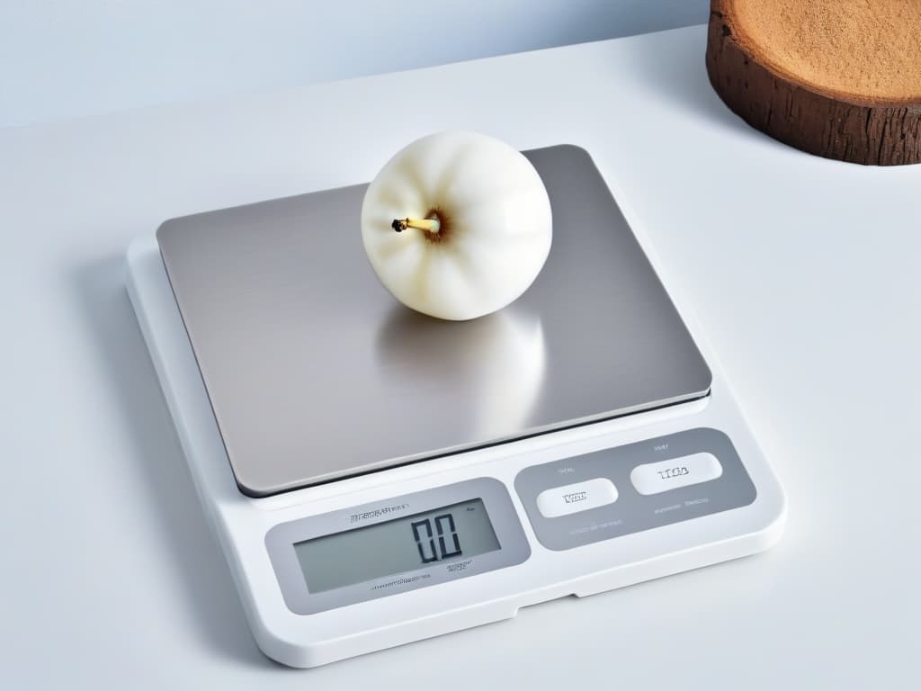  A minimalist, ultradetailed image of a sleek, silver digital kitchen scale with a highresolution LED display showing precise measurements down to the decimal point. The surface it sits on is a pristine marble countertop, perfectly clean and reflecting the scale's elegant design. The lighting is soft and natural, emphasizing the modern and professional look of the scale, highlighting its precision and accuracy for precise baking needs. hyperrealistic, full body, detailed clothing, highly detailed, cinematic lighting, stunningly beautiful, intricate, sharp focus, f/1. 8, 85mm, (centered image composition), (professionally color graded), ((bright soft diffused light)), volumetric fog, trending on instagram, trending on tumblr, HDR 4K, 8K