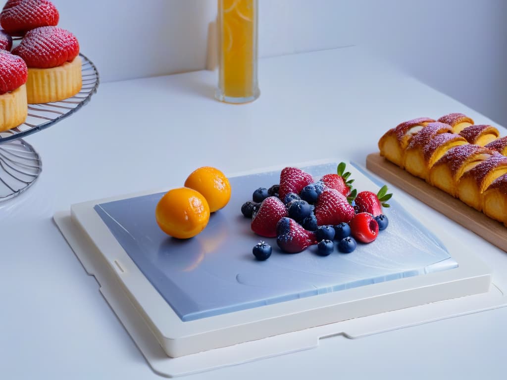  A closeup, ultradetailed image of a sleek, modern kitchen countertop with a marble pastry board, a scattering of vibrant berries, delicate pastry tools, and a tablet displaying a sophisticated baking app interface. The image captures the essence of technology seamlessly integrated into contemporary pastry making, showcasing a harmonious blend of traditional and innovative elements in a minimalist and elegant composition. hyperrealistic, full body, detailed clothing, highly detailed, cinematic lighting, stunningly beautiful, intricate, sharp focus, f/1. 8, 85mm, (centered image composition), (professionally color graded), ((bright soft diffused light)), volumetric fog, trending on instagram, trending on tumblr, HDR 4K, 8K