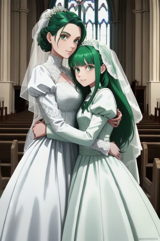  Green hair and two sisters, hugging in a white wedding dress, the background is in the church