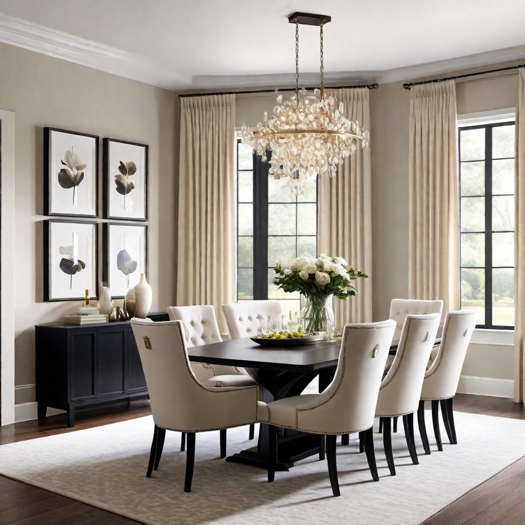  Redesign a dining room to look high end, with white oak, black, cream colors, and curtains that complement. Include elements such as a white oak dining table, black chairs, cream walls, stylish lighting fixtures and window treatments that enhance the luxurious feel of the room. hyperrealistic, full body, detailed clothing, highly detailed, cinematic lighting, stunningly beautiful, intricate, sharp focus, f/1. 8, 85mm, (centered image composition), (professionally color graded), ((bright soft diffused light)), volumetric fog, trending on instagram, trending on tumblr, HDR 4K, 8K