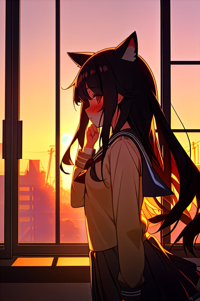  1girl,long hair,black hair,animal ears,school uniform,in clroom,by window,sunset,blush,side view