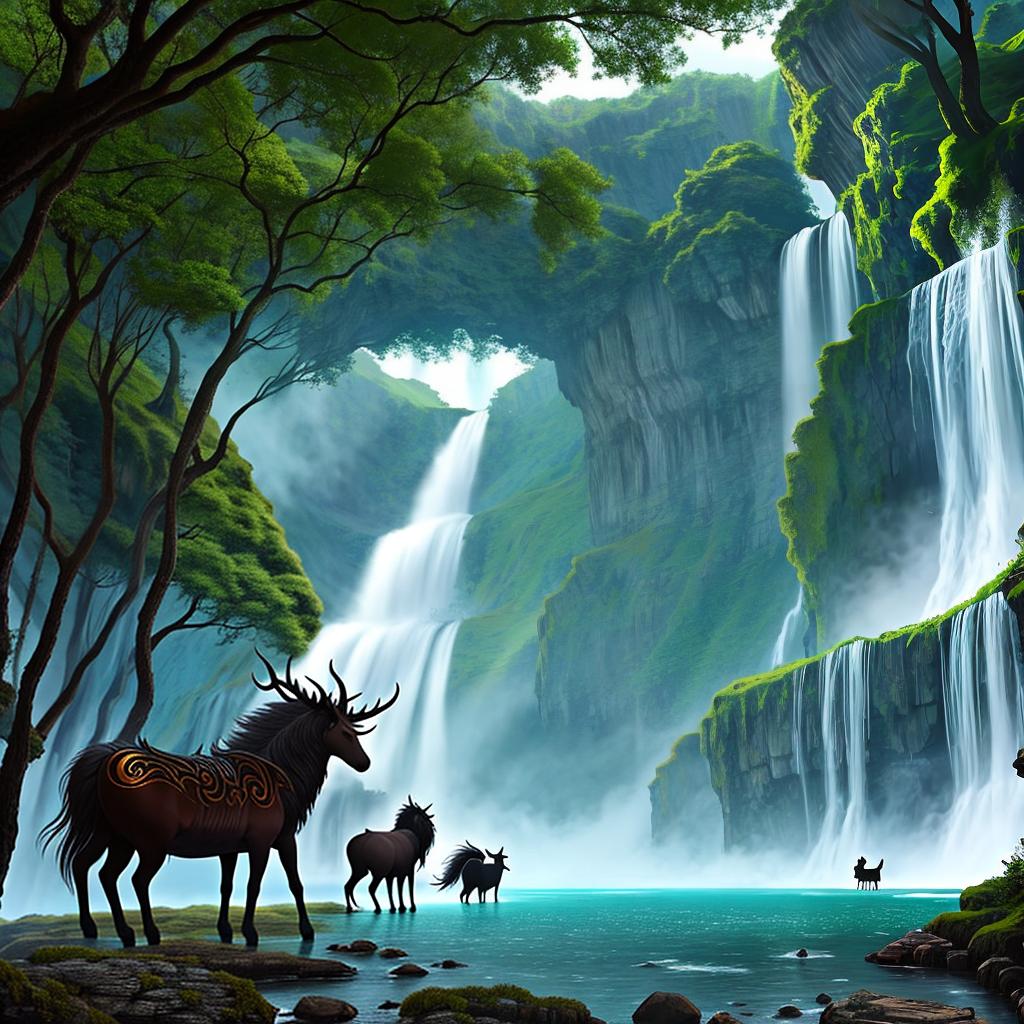  in a fantasy setting, Paint a surreal landscape where mythical beasts roam amidst cascading waterfalls.