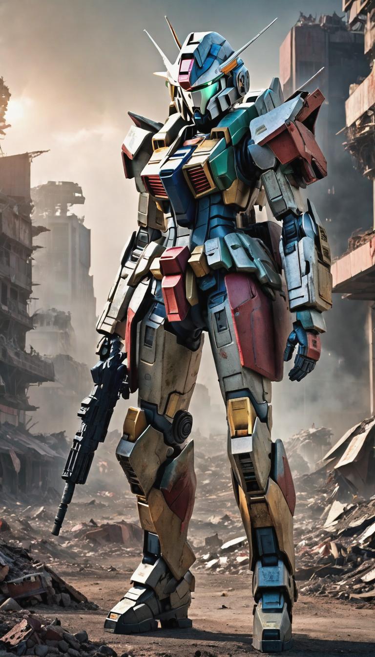  Post apocalyptic style depiction of gundam girl . Futuristic, technological, survival in the wasteland, desolate cities, and the resilience and survival instincts of humanity theme. hyperrealistic, full body, detailed clothing, highly detailed, cinematic lighting, stunningly beautiful, intricate, sharp focus, f/1. 8, 85mm, (centered image composition), (professionally color graded), ((bright soft diffused light)), volumetric fog, trending on instagram, trending on tumblr, HDR 4K, 8K