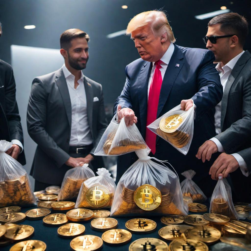  Donald trump with bags of bitcoin hyperrealistic, full body, detailed clothing, highly detailed, cinematic lighting, stunningly beautiful, intricate, sharp focus, f/1. 8, 85mm, (centered image composition), (professionally color graded), ((bright soft diffused light)), volumetric fog, trending on instagram, trending on tumblr, HDR 4K, 8K