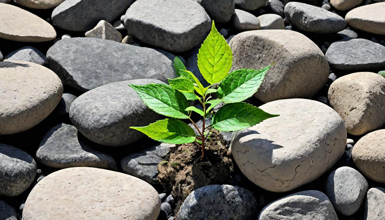  （surrealism)A young plant emerging from rocky soil, delicate green leaves pushing through the stones, environment rough and barren yet vibrant hope in the plant's growth, resilient, determined mystic, intricate details, best quality)