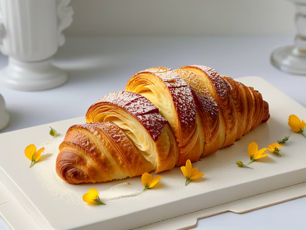  A closeup, ultradetailed image of a perfectly glazed traditional French croissant, with a modern twist of colorful edible flower petals delicately placed on top. The golden, flaky layers of the croissant glisten under soft lighting, showcasing the intricate craftsmanship and innovative touch applied to this classic pastry. hyperrealistic, full body, detailed clothing, highly detailed, cinematic lighting, stunningly beautiful, intricate, sharp focus, f/1. 8, 85mm, (centered image composition), (professionally color graded), ((bright soft diffused light)), volumetric fog, trending on instagram, trending on tumblr, HDR 4K, 8K