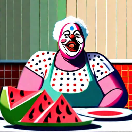  Create a prompt of an image of a fat woman sitting at a table in the kitchen, with her face painted like a clown looking at a plate of watermelon on a table