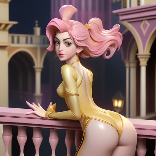  Anne Hathaway as Disney-like with amazing figures in bodytight,glittering,pink-yellow skinny short silk seen from the back showing some , deep over balcony of her palace