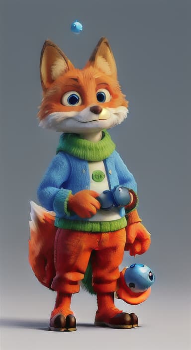  {Error the fox pressing the blue button with his paw, looking puzzled as nothing occurs., Error is a small, bright orange fox with a fluffy tail and big, inquisitive eyes. He has a mischievous yet kind expression and wears a tiny green scarf.