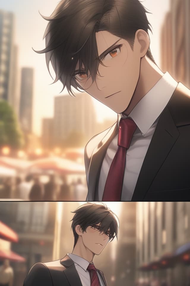  Masterpiece,one businessman male,handsome,delicate black hair,delicate dark brown eye color,tired,Sweaty midsummer,hot,blazing sun,larynx,collarbone,hands loosening tie,business district,high quality,8K