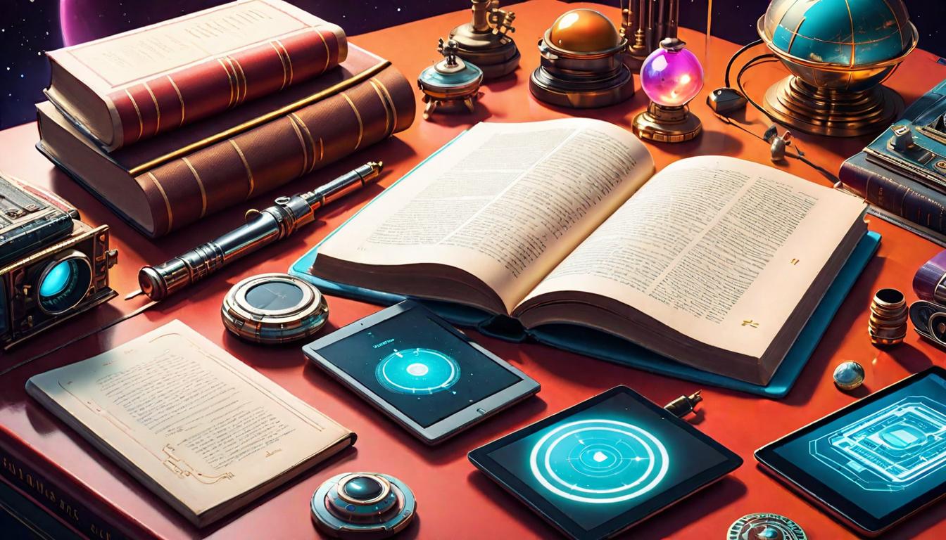  retro futuristic Books, scrolls, and digital tablets laid out on a table, tools for navigating the journey, shared knowledge empowering lvintage sci fi, 50s and 60s style, atomic age, vibrant, highly detailed