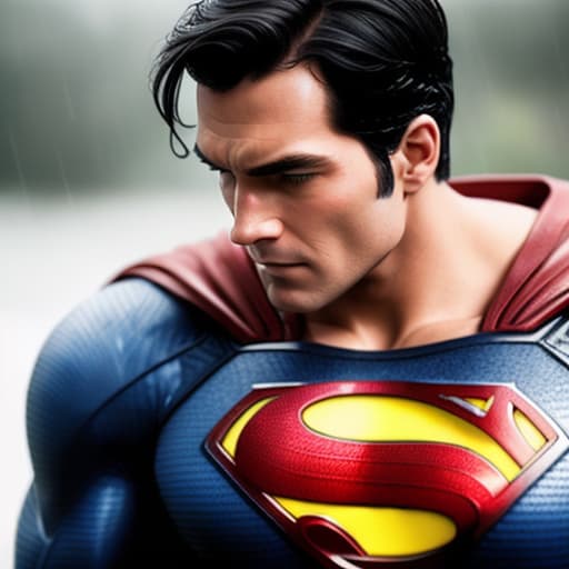  closeup photo of superman standing under the rain , 8k, super detailed ,ultra realistic