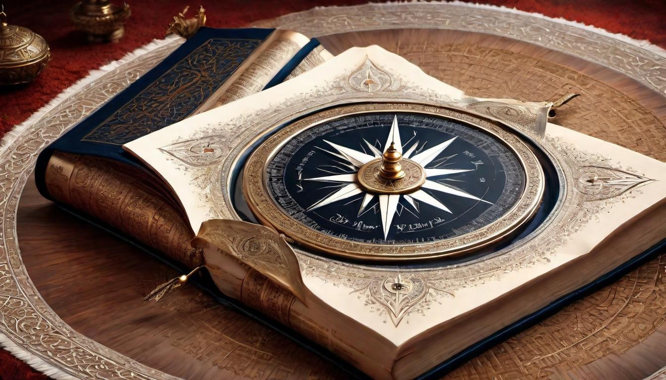  digital painting of A compass superimposed over an open Quran, guiding through divine wisdom, spiritual journey, enlightened path, unity with divine intent looking at viewer, dynamic pose, (intricate details, masterpiece, best quality)