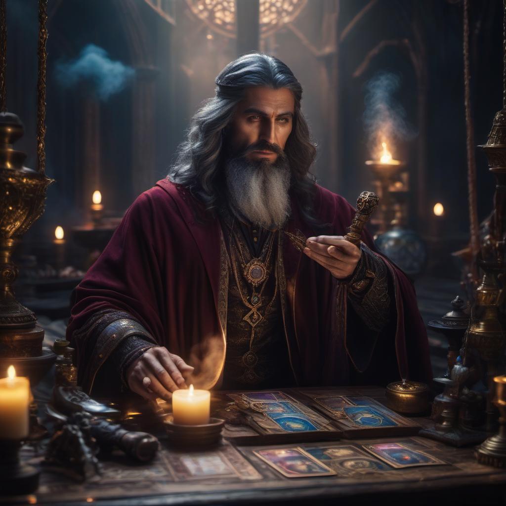  Arcane Magician in Tarot. hyperrealistic, full body, detailed clothing, highly detailed, cinematic lighting, stunningly beautiful, intricate, sharp focus, f/1. 8, 85mm, (centered image composition), (professionally color graded), ((bright soft diffused light)), volumetric fog, trending on instagram, trending on tumblr, HDR 4K, 8K