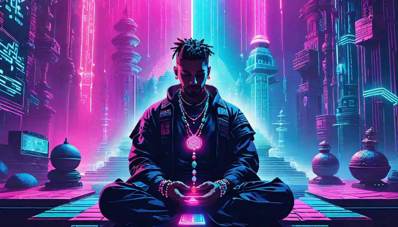  vaporwave,cyberpunk game style A person in meditation with prayer beads, symbols glowing around, tranquil and focusedeon, dystopian, futuristic, digital, vibrant, detailed, high contrast, reminiscent of cyberpunk genre video games,retro aesthetic, cyberpunk, vibrant, neon colors, vintage 80s and 90s style, highly detailed