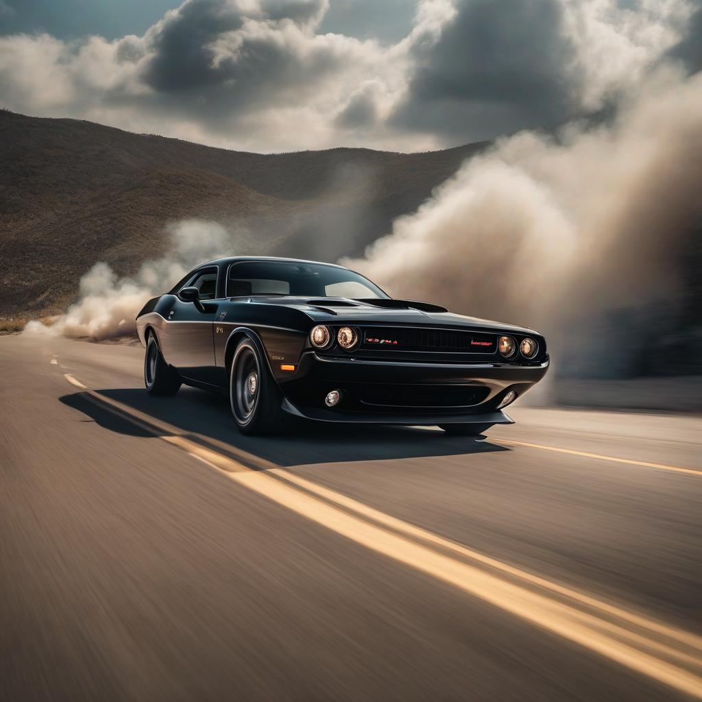  A black Dodge Challenger is driving at full speed, emitting flames. hyperrealistic, full body, detailed clothing, highly detailed, cinematic lighting, stunningly beautiful, intricate, sharp focus, f/1. 8, 85mm, (centered image composition), (professionally color graded), ((bright soft diffused light)), volumetric fog, trending on instagram, trending on tumblr, HDR 4K, 8K