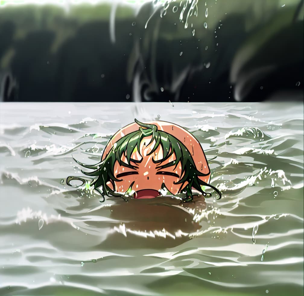  tanned Yoichi drowning in the water he looks panic a lot of water waves and splashes around her