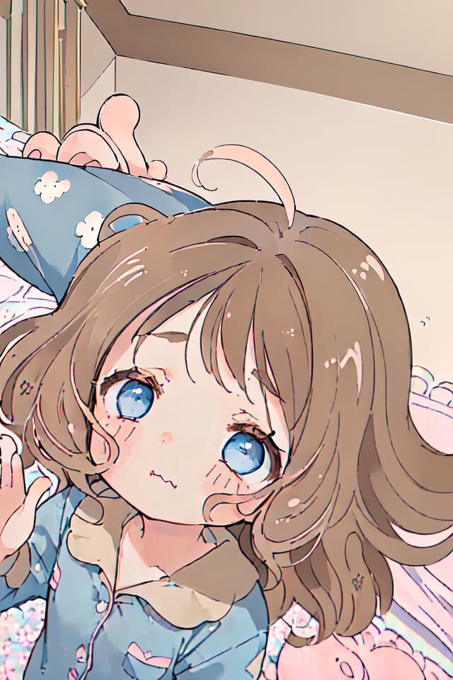  masterpiece,((a girl)),delicate brown hair color,((sleepy face)),(((winking))),(((half open eye)))1.5,(((wavy mouth〰))),speak 💤,(((hands raised))),((look up)),(blue pajamas,pajama pattern: 🌸🍓,standing),background is indoor,top angle,((🧸🛋🕰🛏)),high quality,8K