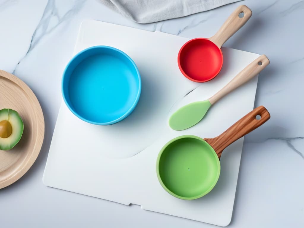  An ultradetailed, 8k resolution image of a set of three sleek, modern silicone spatulas in varying sizes and colors, elegantly displayed against a white marble background. The spatulas are perfectly aligned, showcasing their ergonomic handles and flexible, heatresistant silicone heads. Each spatula features a different pastel hue, adding a pop of color to the minimalist composition. The impeccable lighting highlights the smooth texture of the silicone and creates a captivating play of shadows, emphasizing the highquality craftsmanship and versatility of these essential baking tools. hyperrealistic, full body, detailed clothing, highly detailed, cinematic lighting, stunningly beautiful, intricate, sharp focus, f/1. 8, 85mm, (centered image composition), (professionally color graded), ((bright soft diffused light)), volumetric fog, trending on instagram, trending on tumblr, HDR 4K, 8K