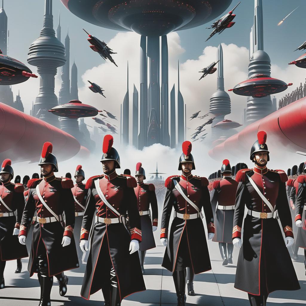  hyperrealistic art "science fiction, military parade, people in black and red ceremonial uniforms, black fur hats on their heads, straight rows of soldiers marching across the square, against the backdrop of a futuristic city, in the sky a group of futuristic space ships fly, festive salute, dynamic illumination, epic realism, anime" . extremely high resolution details, photographic, realism pushed to extreme, fine texture, incredibly lifelike hyperrealistic, full body, detailed clothing, highly detailed, cinematic lighting, stunningly beautiful, intricate, sharp focus, f/1. 8, 85mm, (centered image composition), (professionally color graded), ((bright soft diffused light)), volumetric fog, trending on instagram, trending on tumblr, HDR 4K, 8K