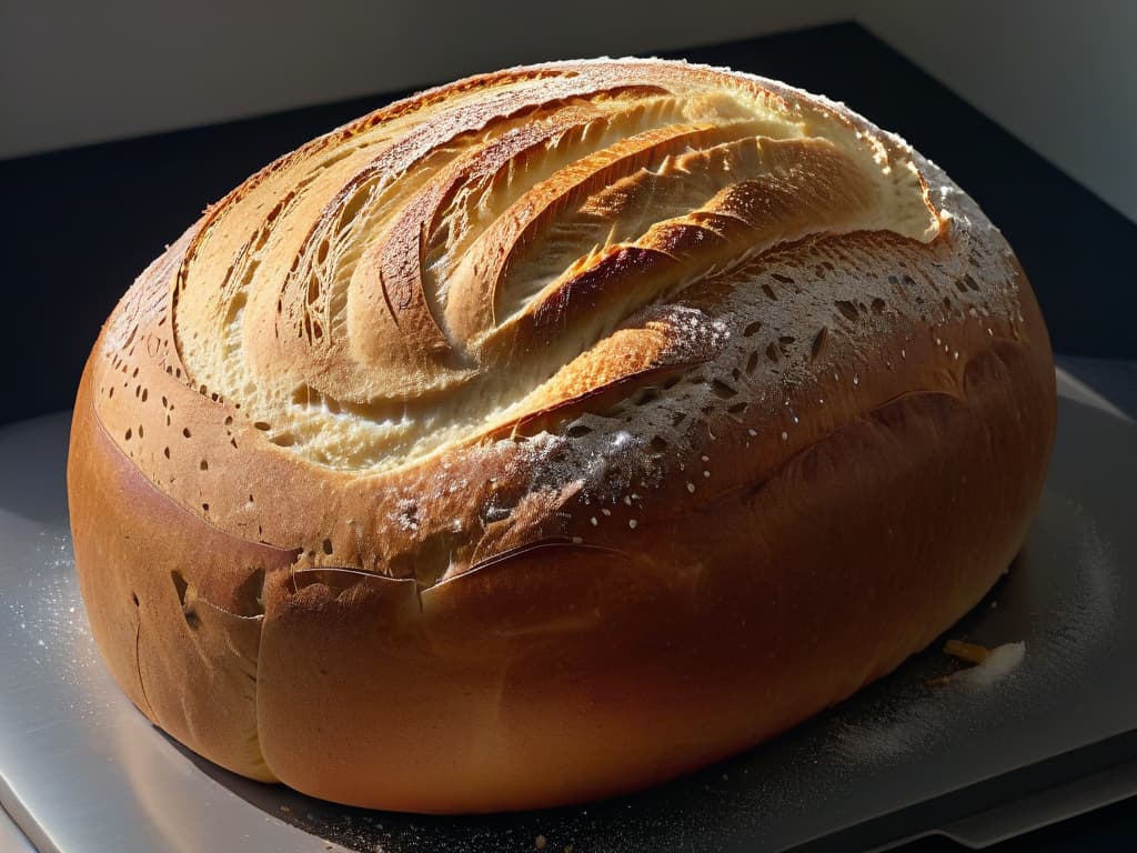  A closeup, ultradetailed image of a perfectly goldenbrown sourdough loaf fresh out of the oven, showcasing intricate patterns of cracks on its crust. The lighting accentuates the texture, highlighting the glistening surface and the delicate swirls of flour residue. The background is softly blurred, emphasizing the artisanal simplicity of the bread, with subtle shadows adding depth to the overall composition. hyperrealistic, full body, detailed clothing, highly detailed, cinematic lighting, stunningly beautiful, intricate, sharp focus, f/1. 8, 85mm, (centered image composition), (professionally color graded), ((bright soft diffused light)), volumetric fog, trending on instagram, trending on tumblr, HDR 4K, 8K