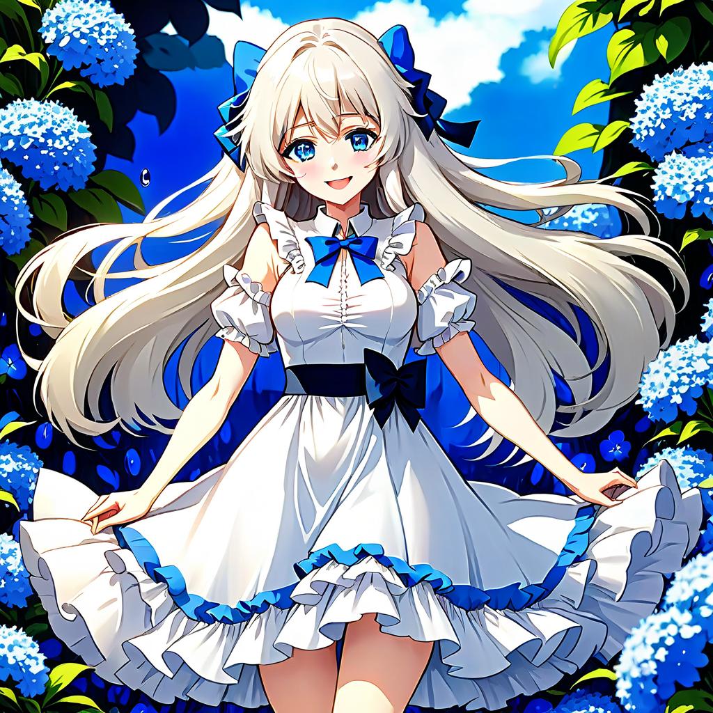  manga style A old is standing with tears and a happy smile, large blue eyes, long white disheveled hair with a short fringe, a white dress with ruffles and a blue bow at the neckline, no shoes on her feet, a unique background of blue flowers, in an anime style, no headwear, tears streaming down her cheeks. . vint, high energy, detailed, iconic, Japanese comic style hyperrealistic, full body, detailed clothing, highly detailed, cinematic lighting, stunningly beautiful, intricate, sharp focus, f/1. 8, 85mm, (centered image composition), (professionally color graded), ((bright soft diffused light)), volumetric fog, trending on instagram, trending on tumblr, HDR 4K, 8K