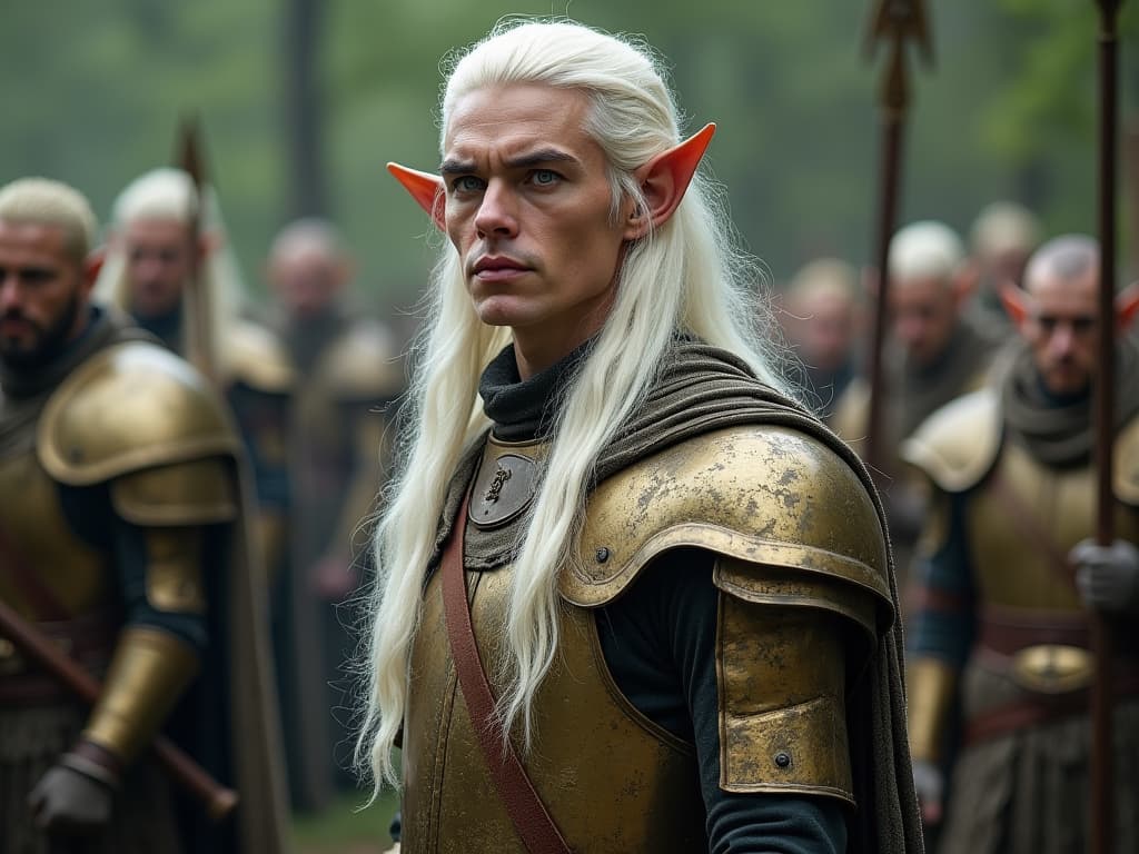  this image features an elf prince in a striking editorial photography pose, with one hand on his hip and facing forward. he is dressed in bronze elvish style armor, reminiscent of designs seen in peter jackson's movies and the art of alan lee. the setting includes his elven army in the background. the prince is characterized by his pointy ears, long platinum hair, and captivating grayish blue eyes, adding depth and nobility to his visage. this representation combines fantasy and regality, perfectly capturing the essence of elven royalty.