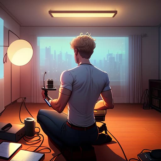  a fair guy with light hair sits late and writes a song at home, in a room, there is a microphone and a laptop on the table, a view from the back, a neon lamp on the right on the table hyperrealistic, full body, detailed clothing, highly detailed, cinematic lighting, stunningly beautiful, intricate, sharp focus, f/1. 8, 85mm, (centered image composition), (professionally color graded), ((bright soft diffused light)), volumetric fog, trending on instagram, trending on tumblr, HDR 4K, 8K