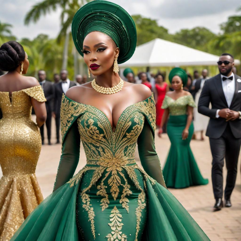  A beautiful bottle green dress, aso ebi, with frills, and a long after dress, bedazzled with crystalline gold. hyperrealistic, full body, detailed clothing, highly detailed, cinematic lighting, stunningly beautiful, intricate, sharp focus, f/1. 8, 85mm, (centered image composition), (professionally color graded), ((bright soft diffused light)), volumetric fog, trending on instagram, trending on tumblr, HDR 4K, 8K