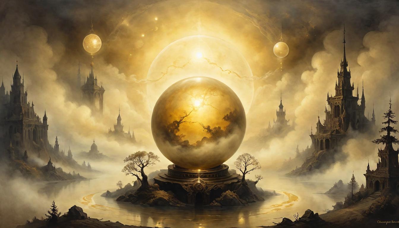  on parchment, surrealism+++, A glowing sphere radiating soft golden light, surrounded by ethereal mists, enveloping a dark background, luminous aura, warm and healing(mysterious, provocative, symbolic,muted color)+++