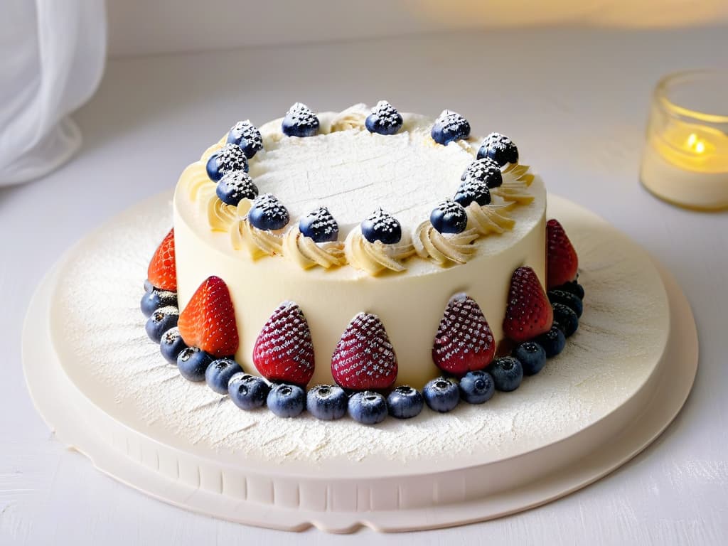  A photorealistic image of a milhojas dessert with layers of delicate pastry, velvety cream filling, and an array of vibrant forest fruits like strawberries, blueberries, and raspberries elegantly arranged on top. The dessert is presented on a pristine white plate with a dusting of powdered sugar, showcasing the intricate layers and artful combination of flavors. The lighting is soft, highlighting the glossy texture of the cream and the glistening freshness of the fruits, inviting the viewer to savor the delicious harmony of sweet and tangy elements in each delectable bite. hyperrealistic, full body, detailed clothing, highly detailed, cinematic lighting, stunningly beautiful, intricate, sharp focus, f/1. 8, 85mm, (centered image composition), (professionally color graded), ((bright soft diffused light)), volumetric fog, trending on instagram, trending on tumblr, HDR 4K, 8K